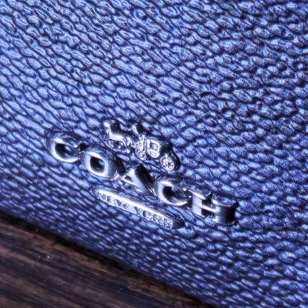 Coach CC550 Mini ID Case Card Holder Metallic Navy Blue Leather Zip Wallet NEW - Picture 1 of 7